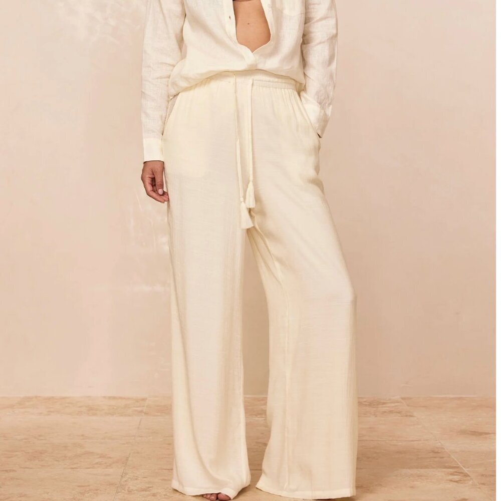 MONDAY Swimwear Tahiti Wide Leg Pant Petite Inseam 30.5" Ivory M/L $148 - Picture 2 of 11